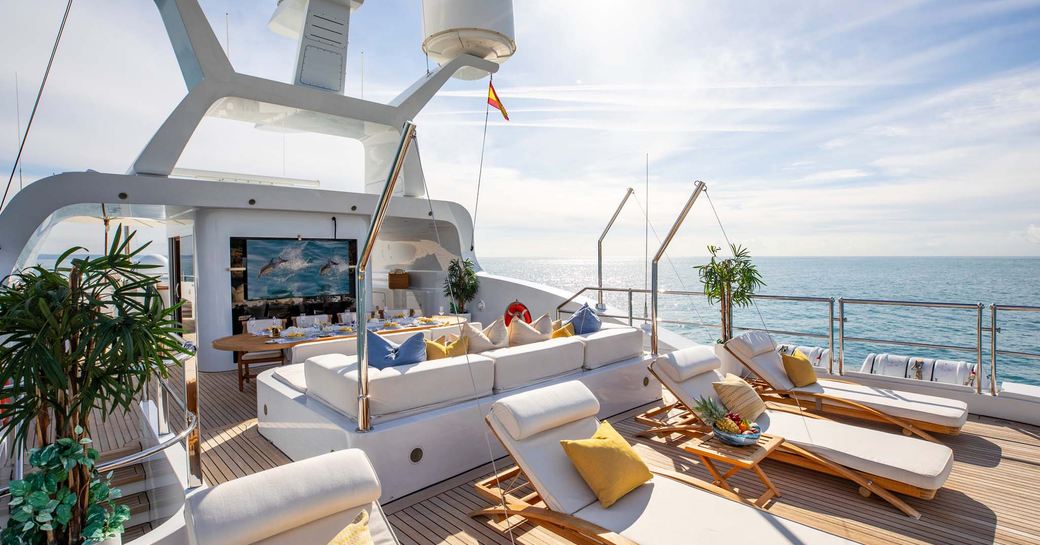 Sun deck onboard charter yacht LA BLANCA with loungers 