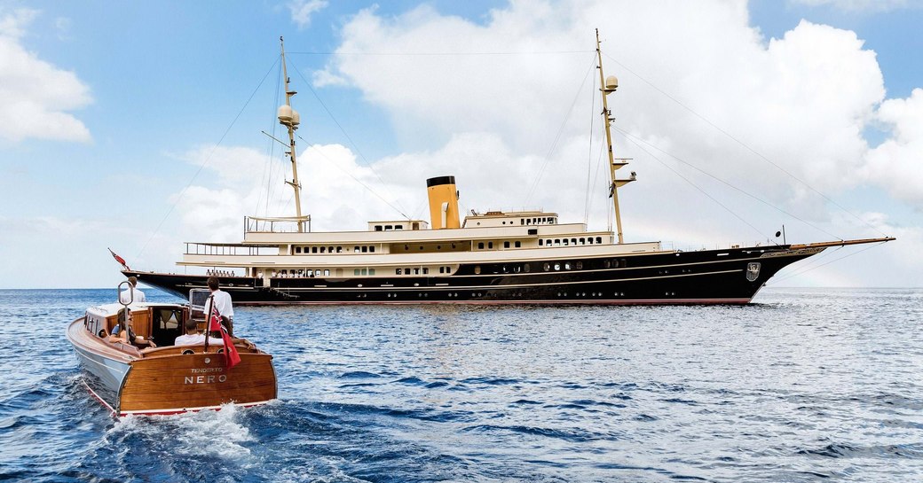 Charter yacht NERO at anchor, surrounded by sea