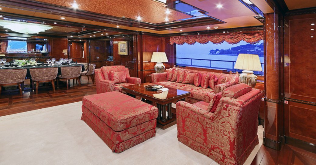 lavish lounge area in the main salon of superyacht ULYSSES 