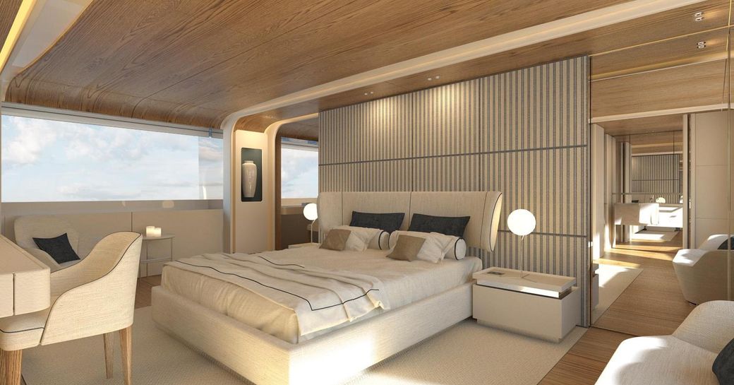 Overview of the master cabin with central berth onboard charter yacht DAWO