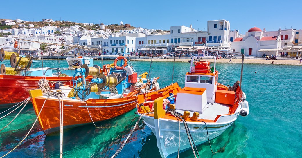 Boats moored at Mykonos marina