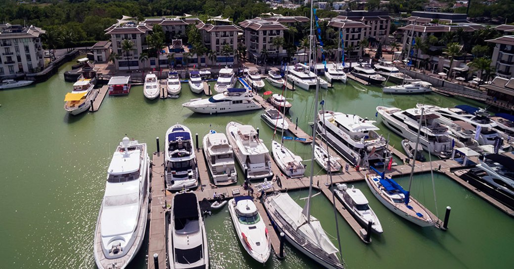 yachts gather in the Royal Phuket Marina for the 2017 Phuket International Boat Show