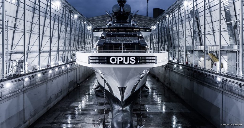 luxury yacht opus sits in the construction shed 