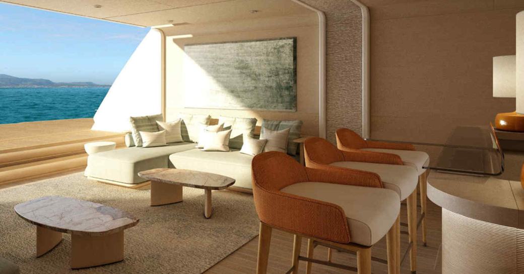 Beach club renderings onboard superyacht charter O'MADELEINE with stools and comfortable lounge area