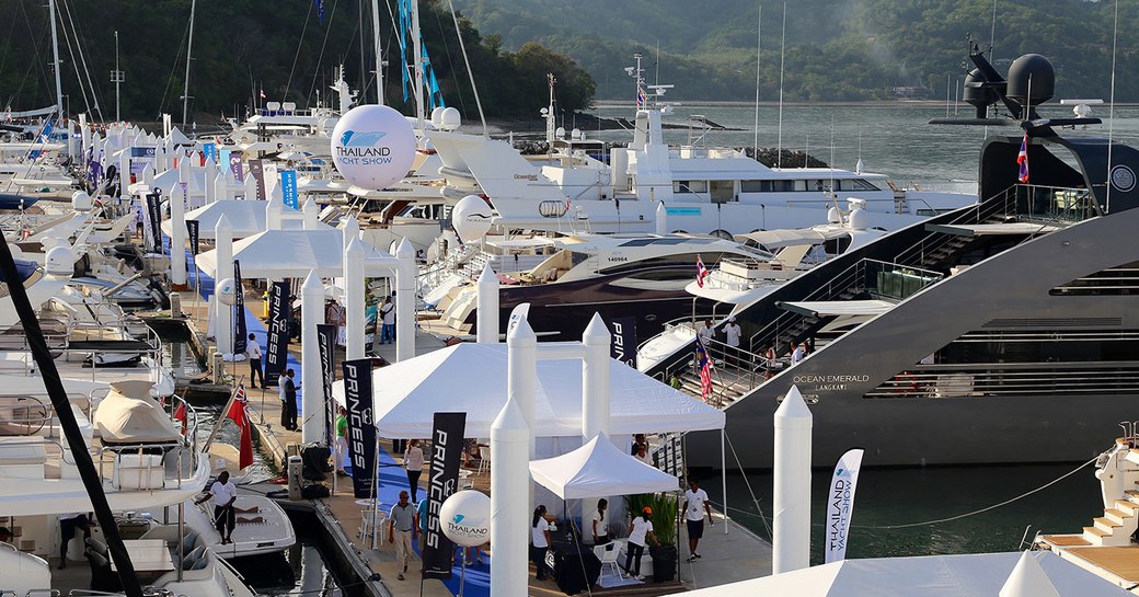 yachts lined up in Ao Po Grand Marina, Thailand