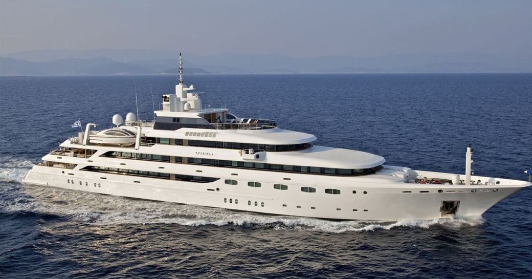 Superyacht o'mega profile shot on the water