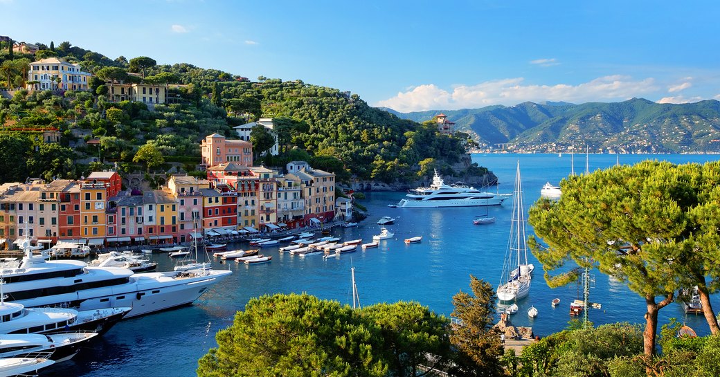 Elevated view of the coastline surrounding Portofino
