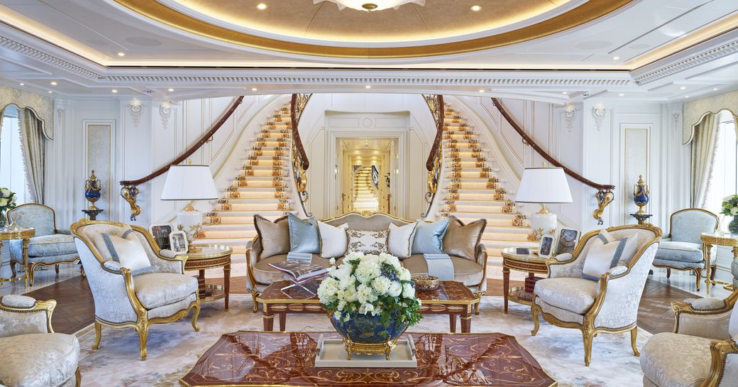 Main staircase and main salon on superyacht TIS