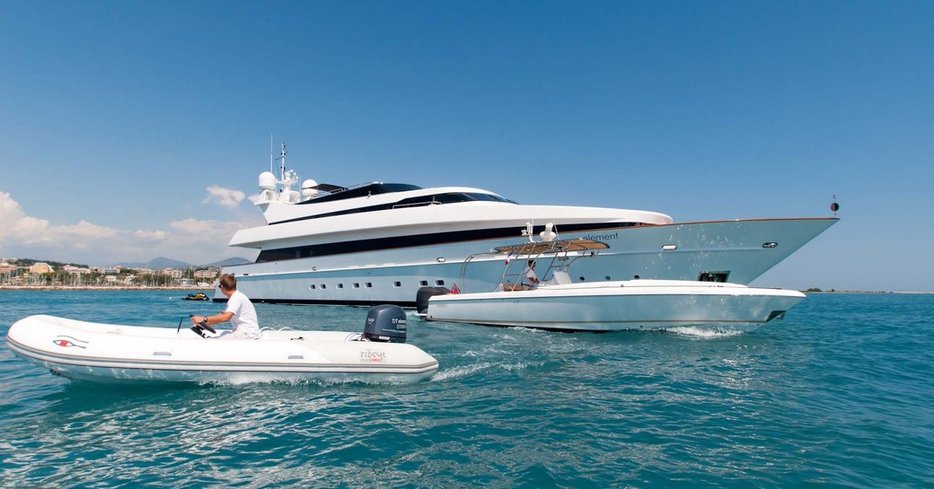 Superyacht ELEMENT at anchor with tender alongside