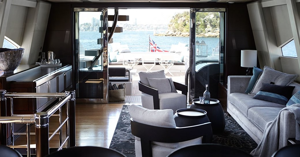 main salon with comfortable lounge on board charter yacht QUANTUM 