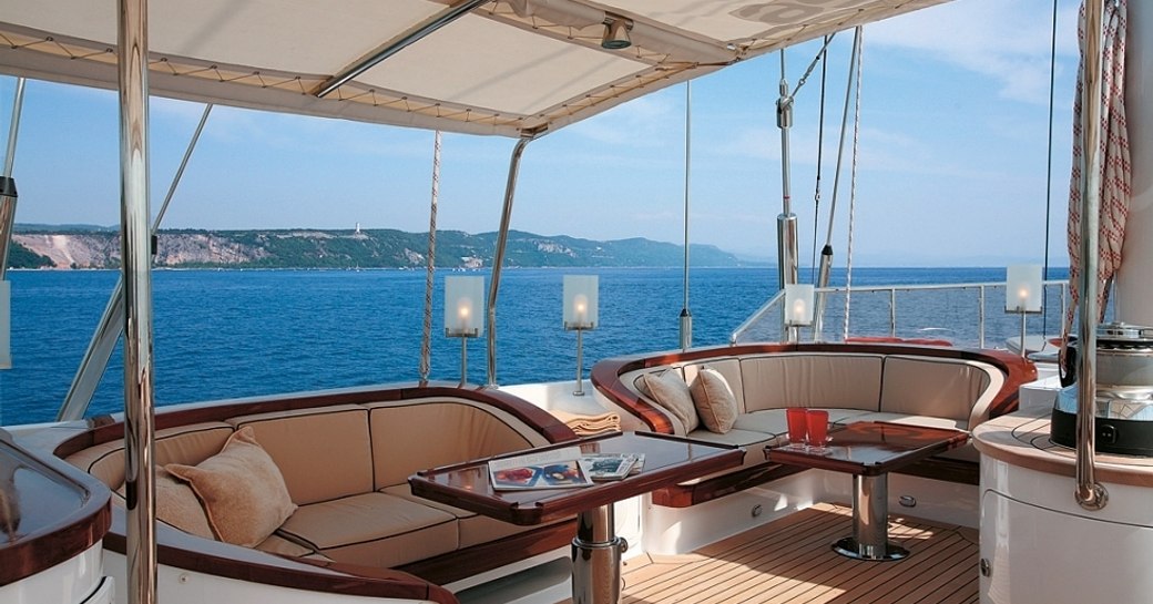 alfresco lounging under awning on board luxury yacht ROSEHEARTY 