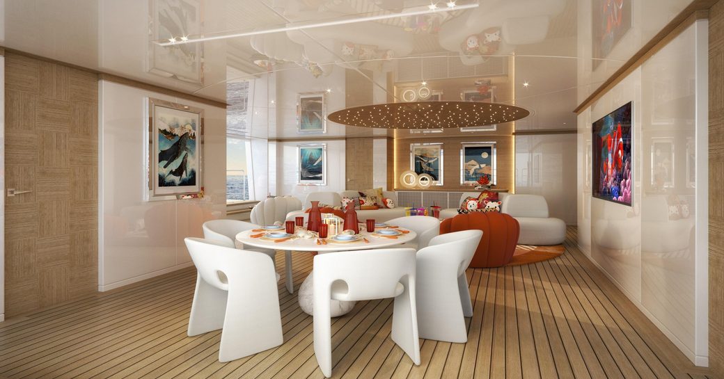 Interior dining option onboard charter yacht LADY A