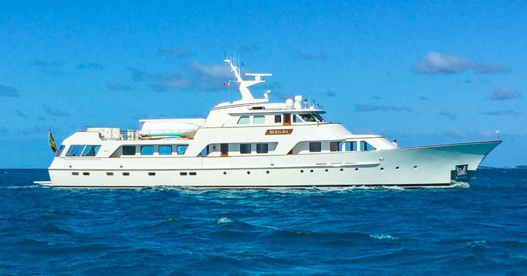 profile of luxury yacht BERILDA as she cruises on a luxury yacht charter in the Bahamas