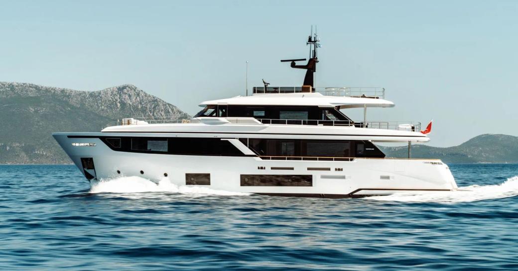 Charter yacht AT ONE underway, surrounded by sea