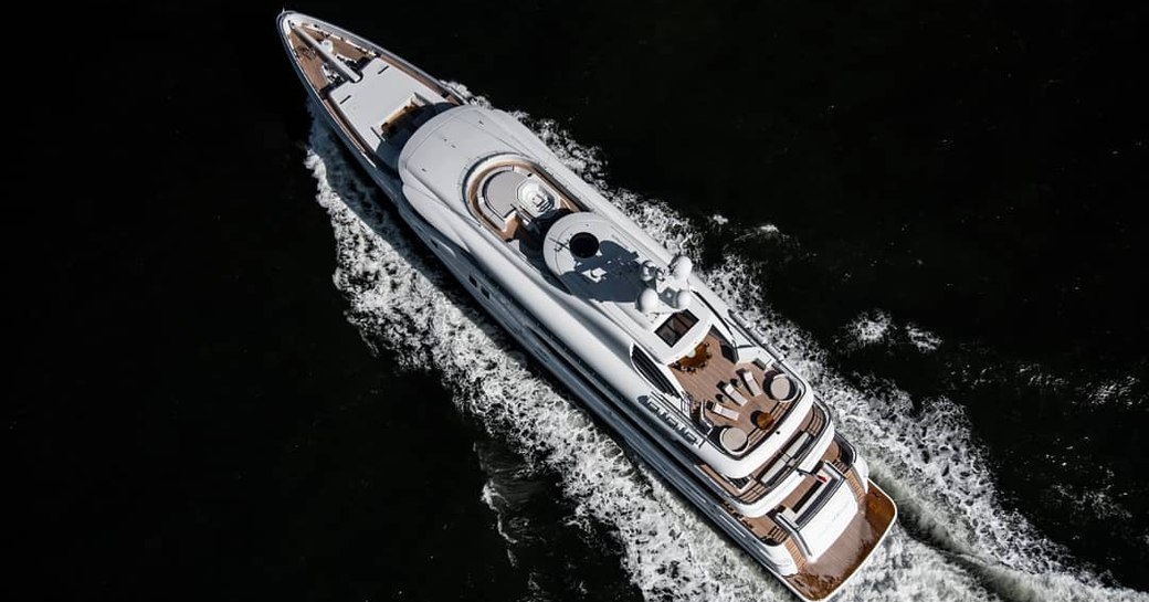 Aerial shot of superyacht Aurora Borealis underway