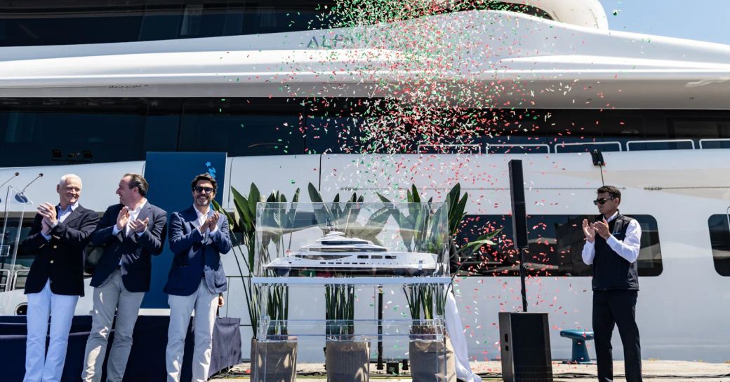 Ceremony with confetti for launch of charter yacht ALFA