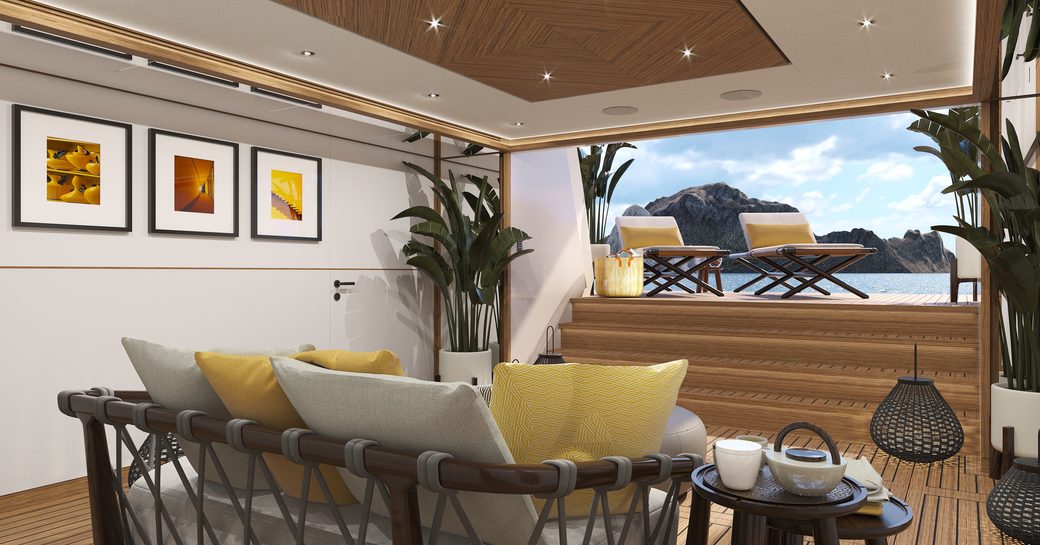 Beach club interiors onboard charter yacht SOLEMATES