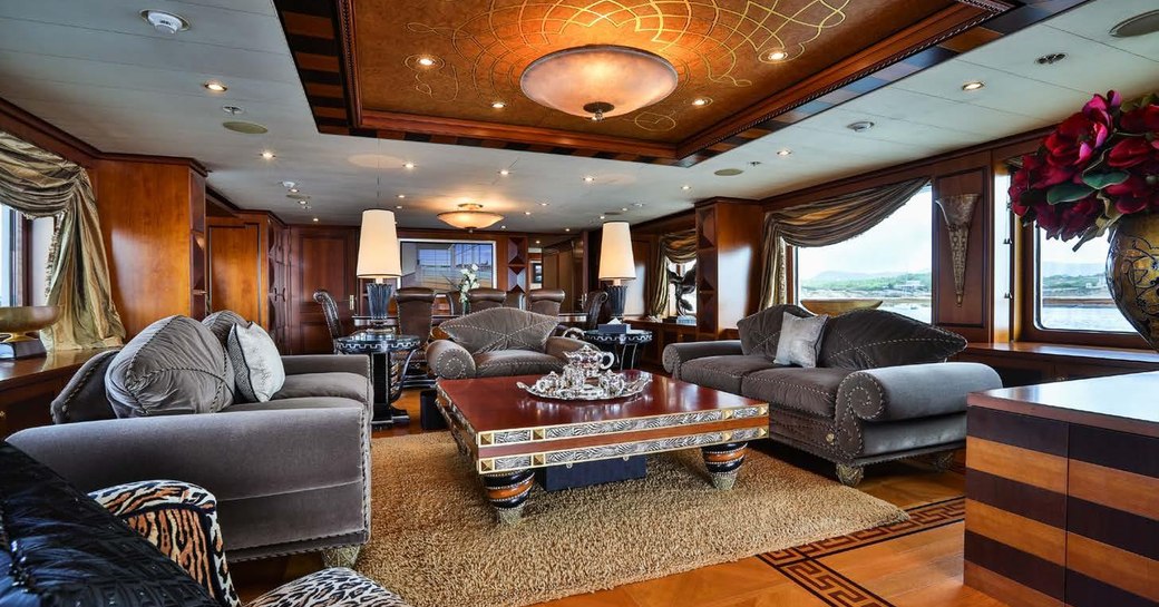 oriental and classic styling fuses together in the main salon of charter yacht DENIKI 