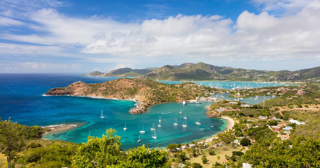 Aerial view of Virgin Islands with charter yachts in the foreground