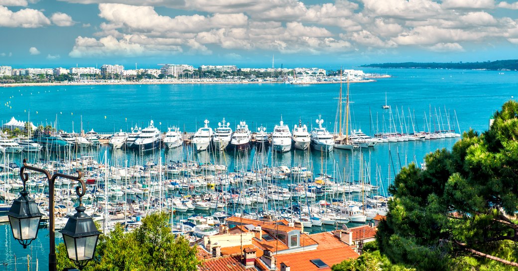 Panoramic view of Le Suquet- the old town, Port Le Vieux and La Croisette of Cannes, France