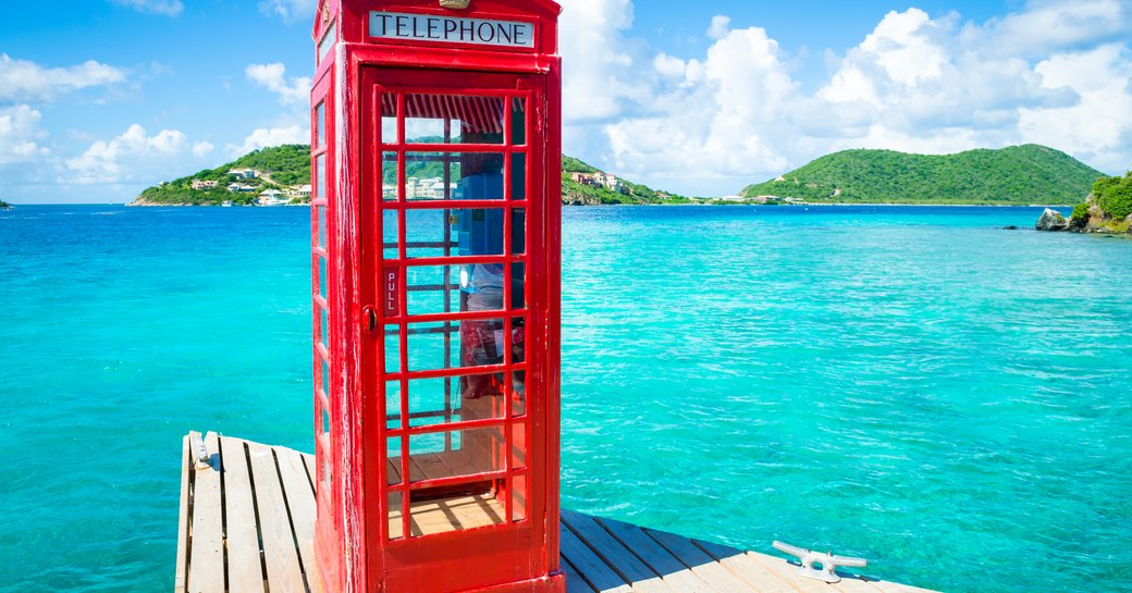 Red phone box on a pontoon in the Virgin Islands