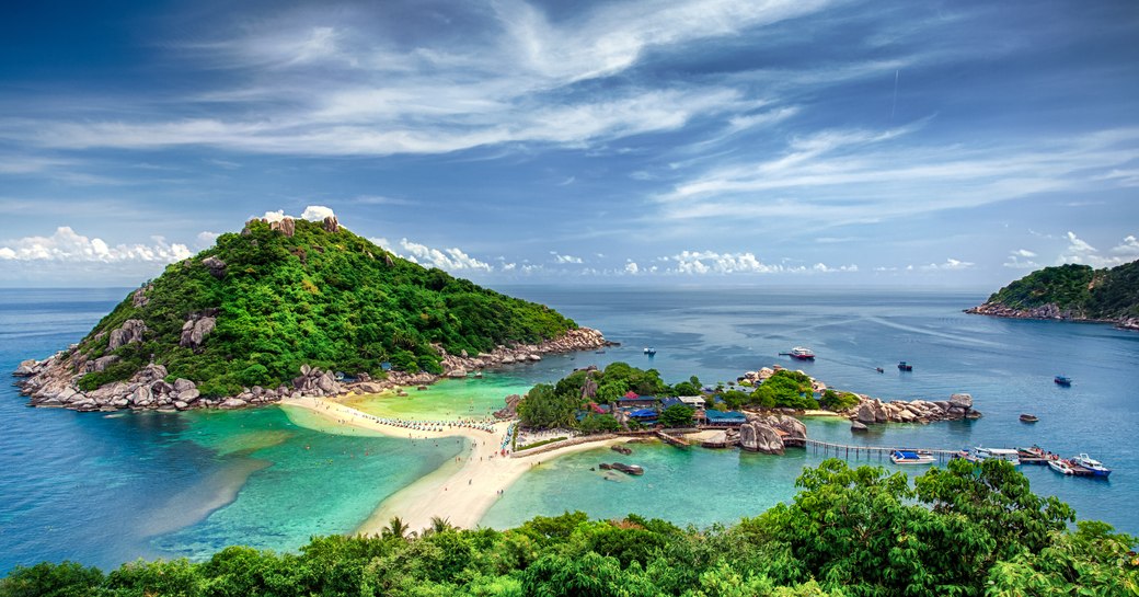 Panoramic view of South East Asian island and blue lagoons