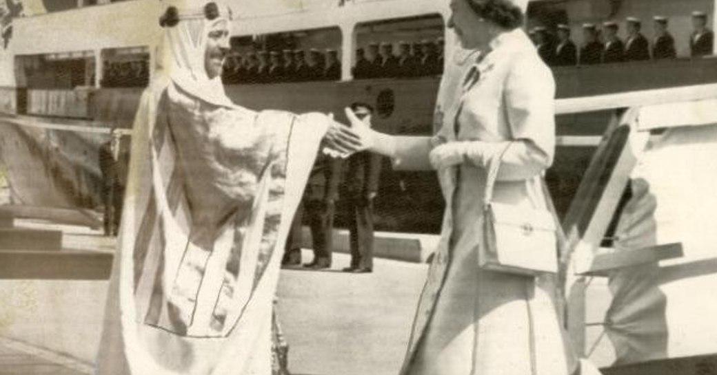 The queen greets the Amir in 1979 after arriving on HMY Britannia