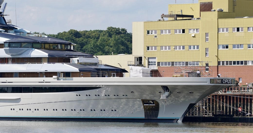 megayacht opus, or nord, in front of lurssen facilities