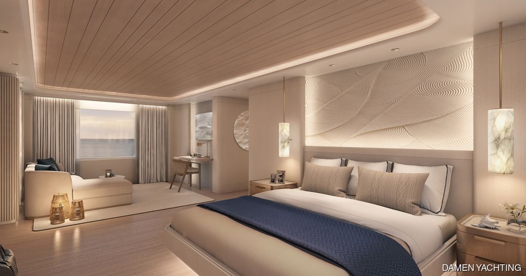 Charter yacht MEMORIES master cabin rendering with central berth