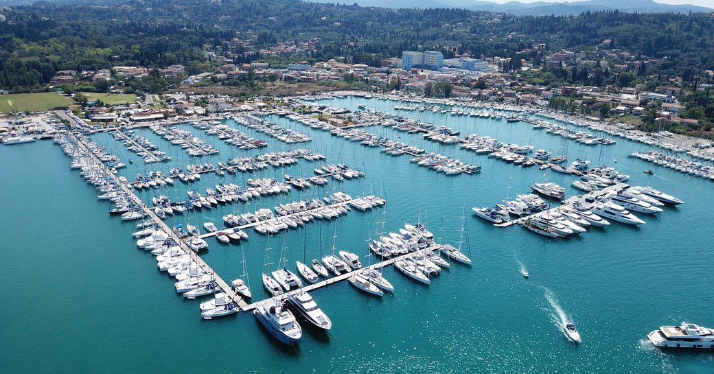 Aerial drone photo of famous bay of Gouvia a popular yacht dock, island of Corfu, Ionian, Greece