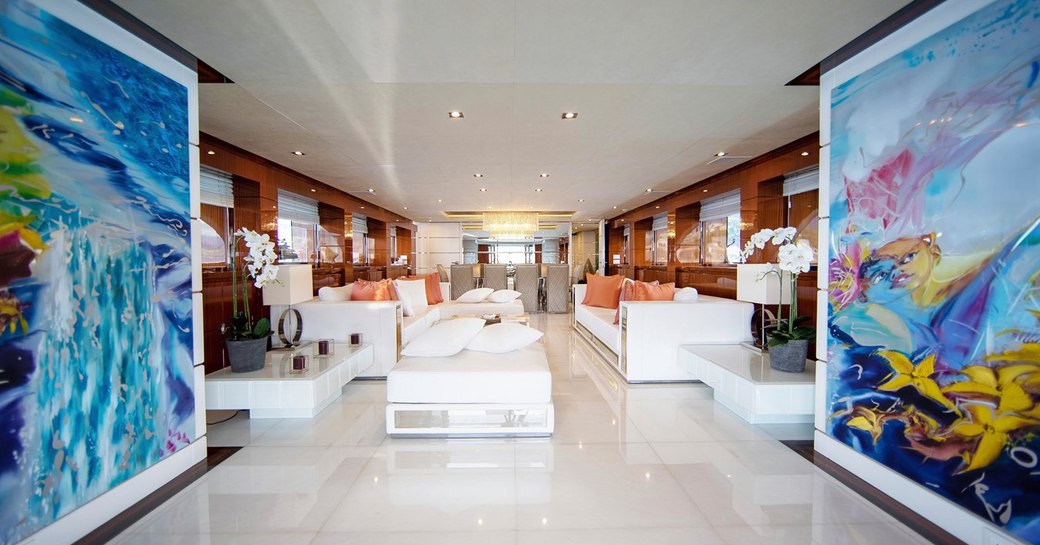 Main salon on board charter yacht THE SHADOW