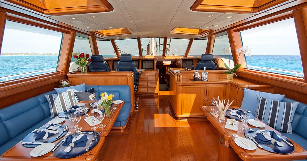 pilothouse aboard superyacht HYPERION set up for dinner