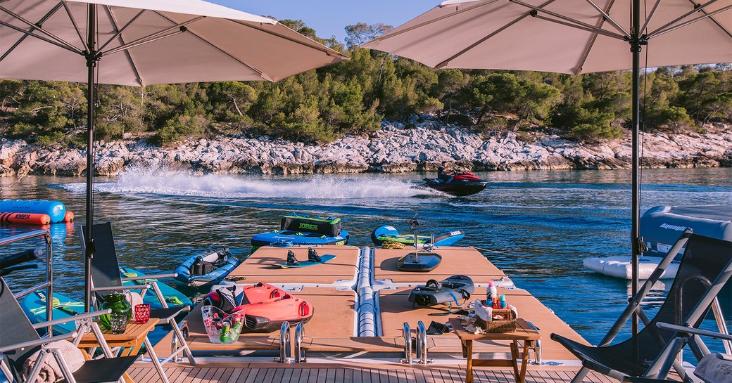 Water toys on the swim platform of charter yacht IDYLLIC