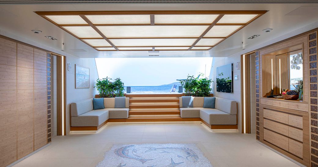 Beach club interior onboard charter yacht FLYING FOX