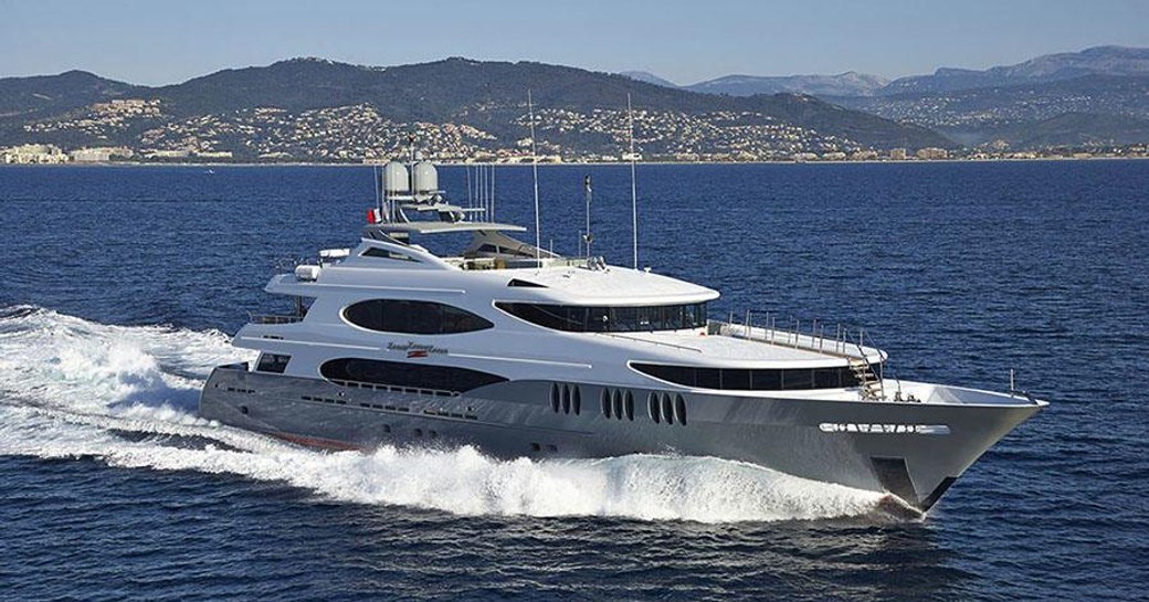 An aerial image of motor yacht 'Zoom Zoom Zoom' underway