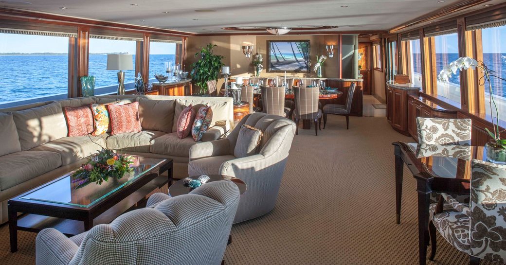 lounge and dining area further forward on board superyacht AMITIÉ 