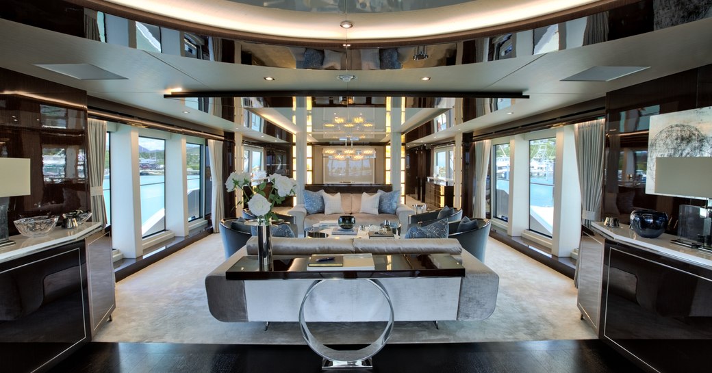 Hamptons Beach Club-style interior aboard motor yacht Take 5