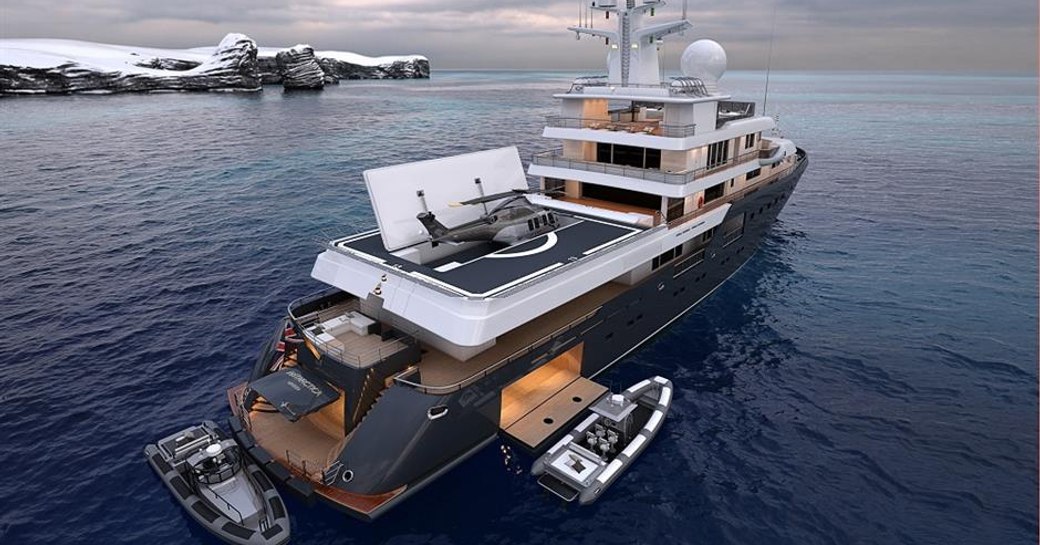 A graphic rendering of superyacht Planet Nine with her tender garage door open