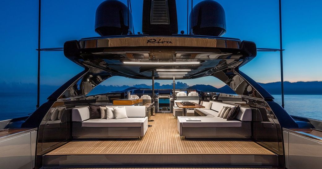 Sun deck onboard luxury charter yacht DON'T WORRY at night