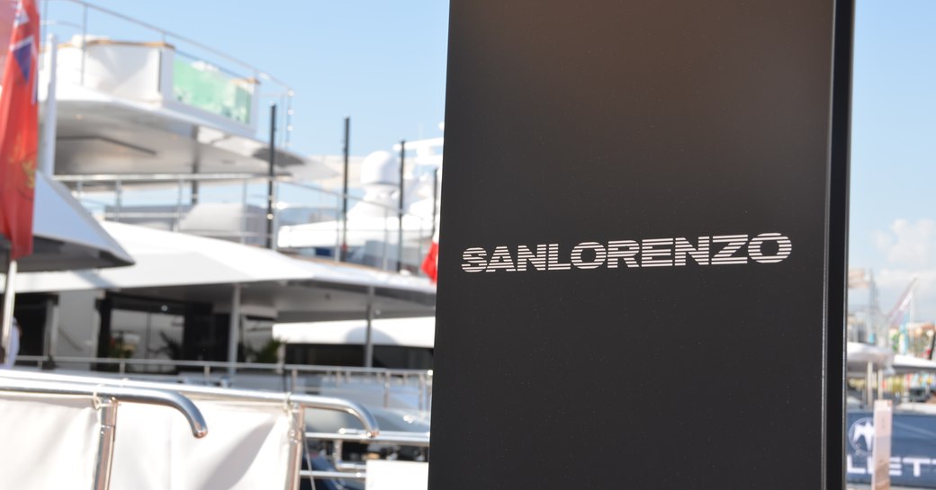 Sanlorenzo singage marks out the yard's section at the Cannes Yachting Festival 2018