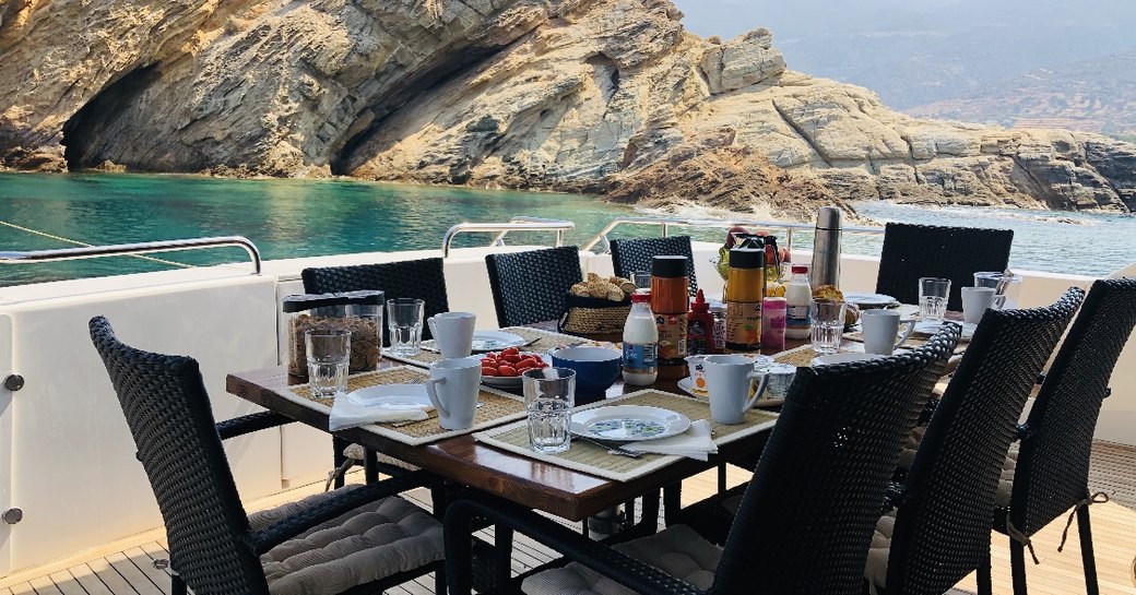 the min alfresco dining area located on the main deck afte of luxury charter yacht WISH