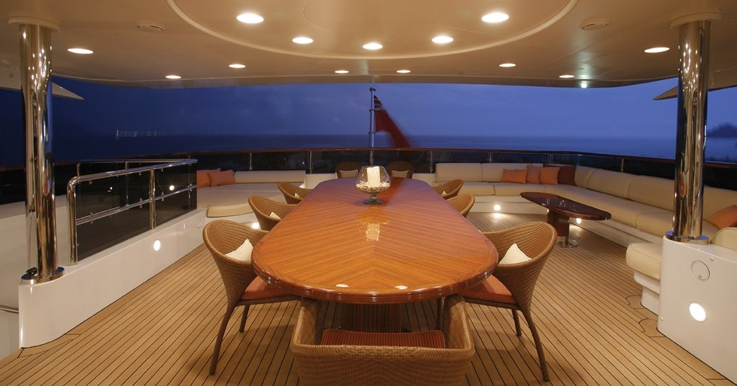 motor yacht DIANE's sheltered al fresco dining area