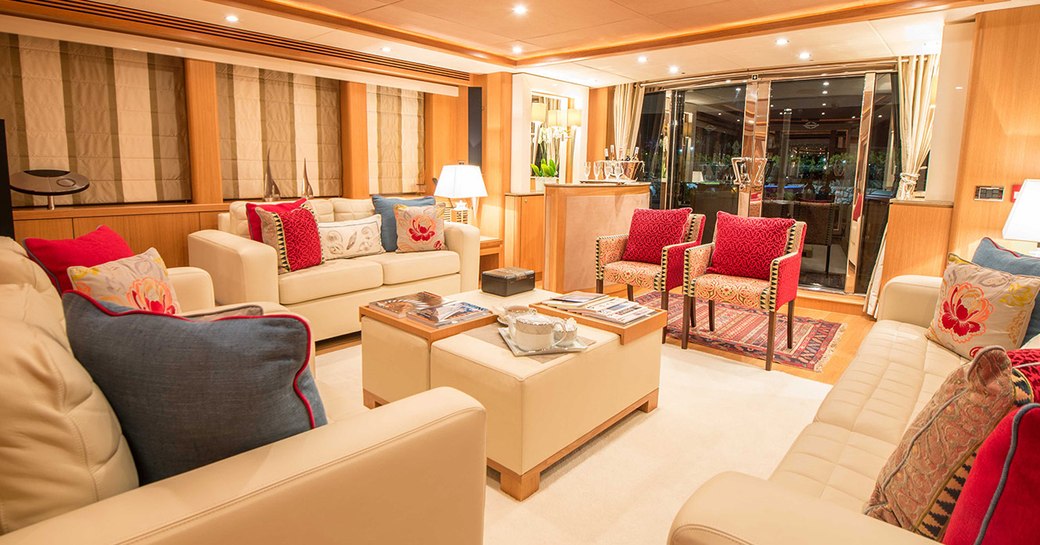 light and airy oak main salon aboard charter yacht EMOJI 