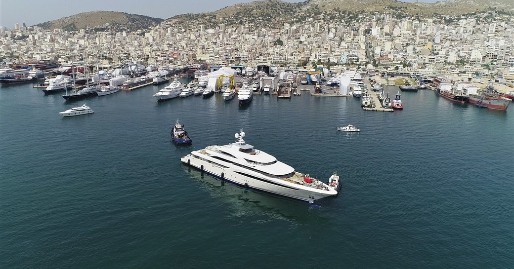 An aerial shot of superyacht O'PTASIA