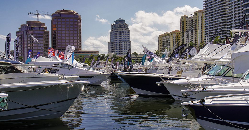 hulls of boats at palm beach boat show