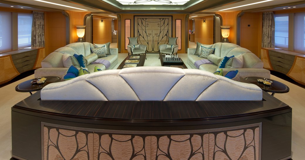 deep sofas in the Art Nouveau-themed main salon of superyacht AMARYLLIS 