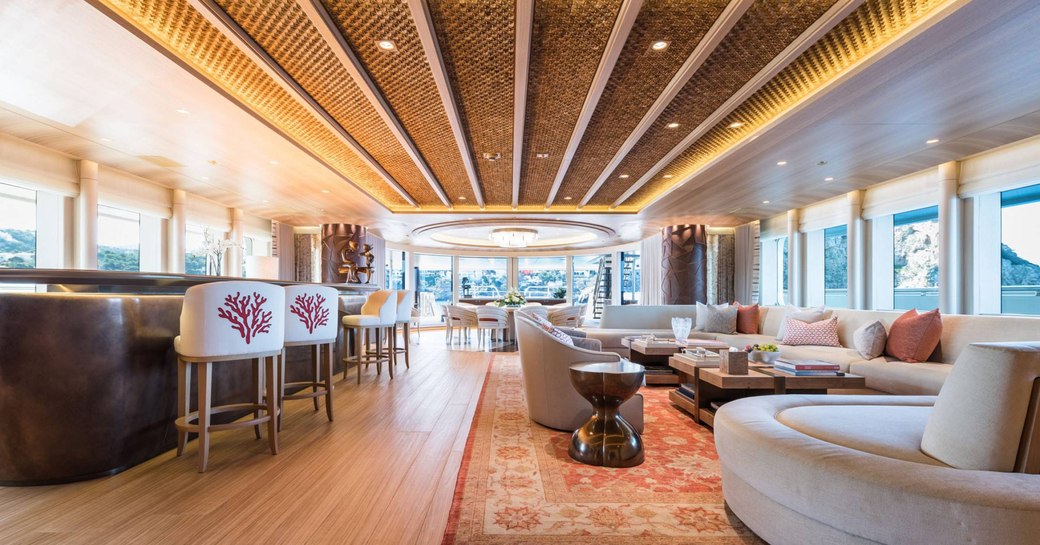 The bar and communal living spaces on board superyacht 'Here Comes the Sun'