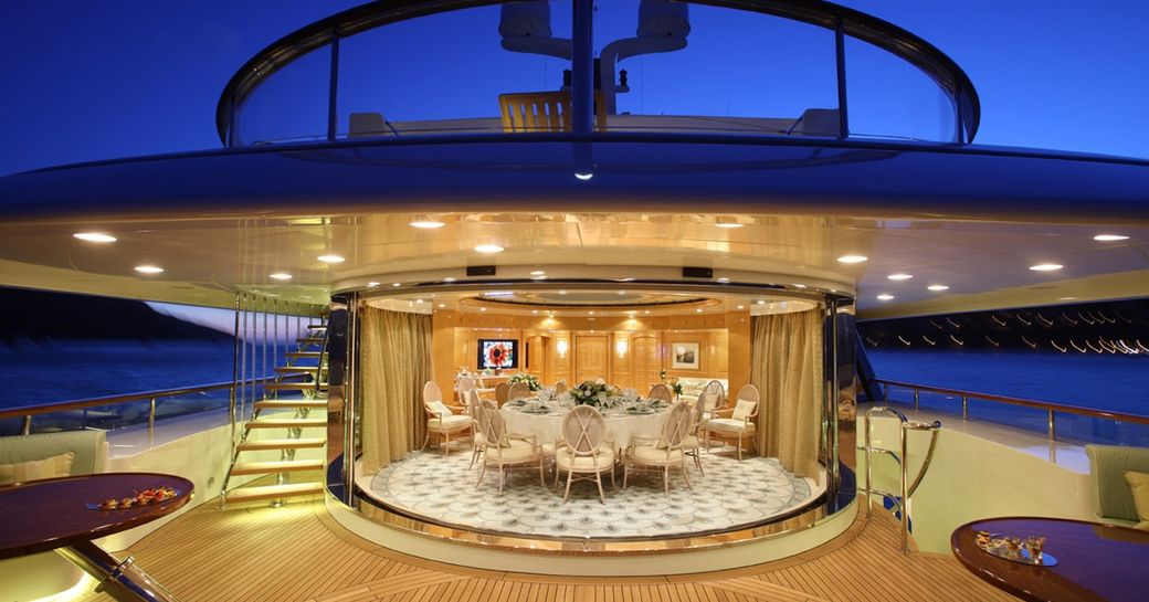 Superyacht 'St David''s upper deck al fresco dining area