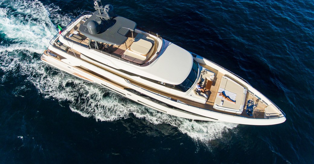 aerial shot of custom line charter yacht penelope