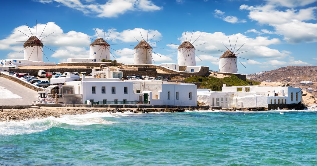 A line of Cycladic windmills on Mykonos